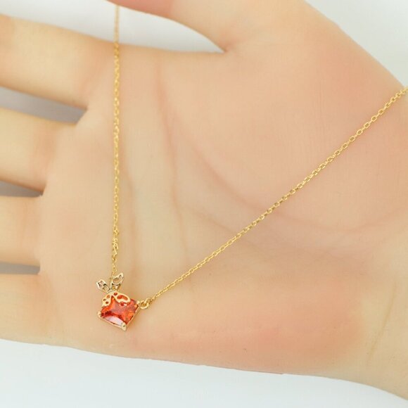 "Charming Rose Gold Plated Necklace with Orange Gem & Leaf,  XPNL0145 - Picture 5 of 13